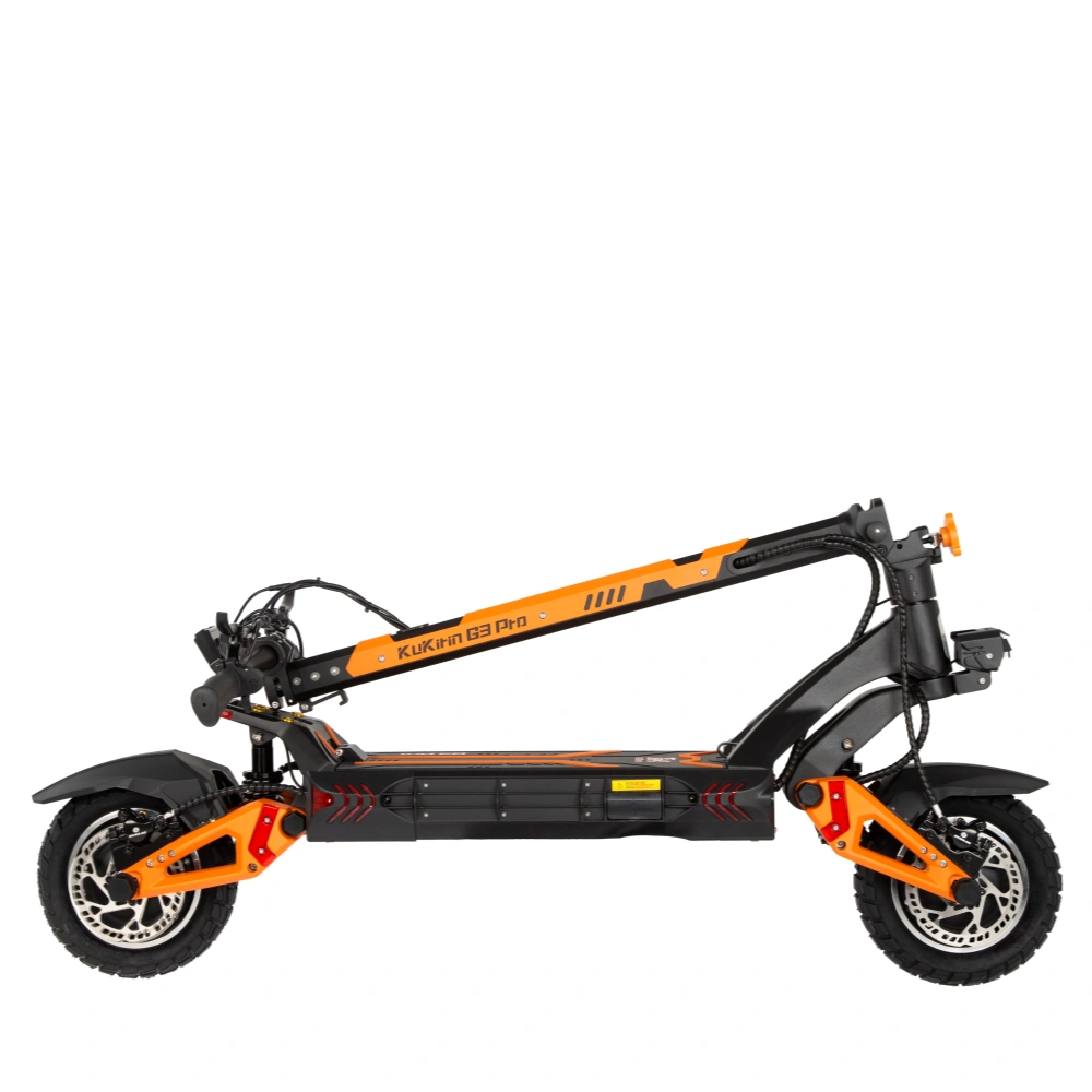 KuKirin G3 Pro electric scooter features, showcasing the folded design in black and orange colors.