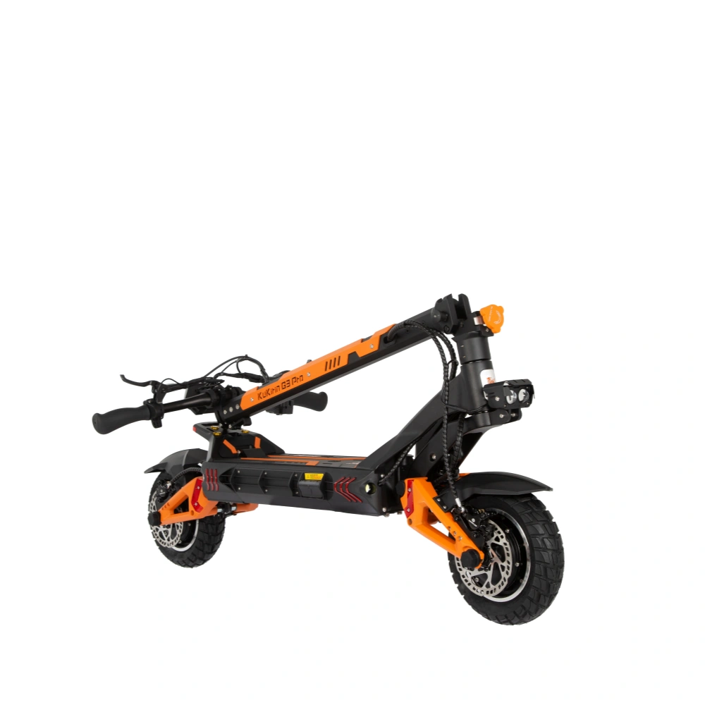 KuKirin G3 Pro electric scooter features, showcasing the folded design with its robust frame and tires.